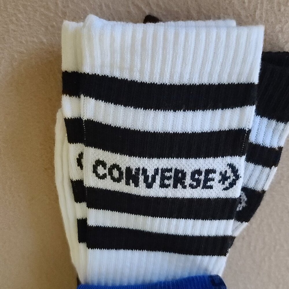 Converse Half Cushion Crew Socks 3 Pack White Blue Mens 6-12 Striped Logo NWT - Picture 7 of 11